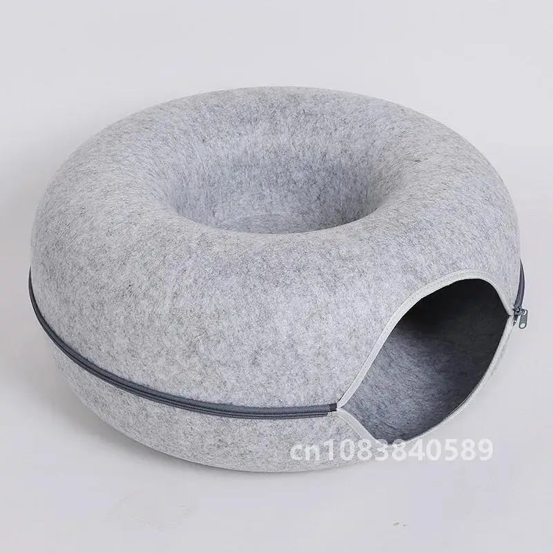 Donut Cat Bed & Interactive Tunnel - Pet Felt House and Kitten Training Toy