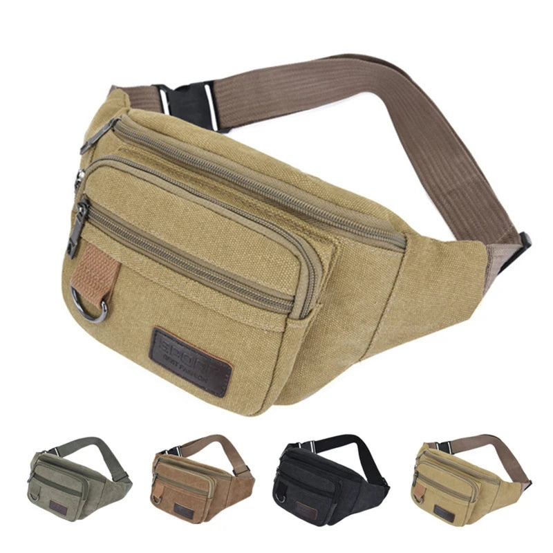 Side profile of pillow-shaped canvas waist bag
