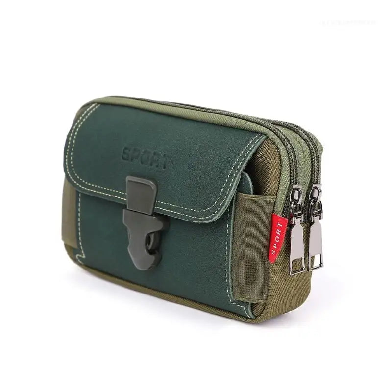 Compact waist bag lying flat on wooden surface
