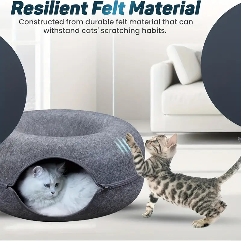 Donut Cat Bed & Interactive Tunnel - Pet Felt House and Kitten Training Toy