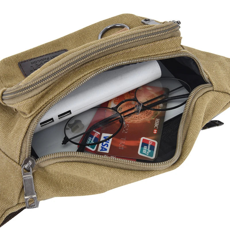 Khaki waist pack styled with casual men's outfit
