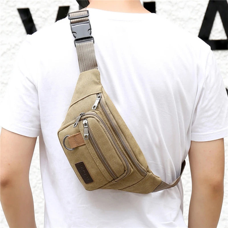 Model wearing black canvas waist pack across the waist

