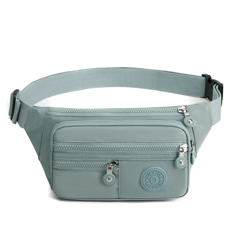 Front view of women's nylon waist crossbody bag
